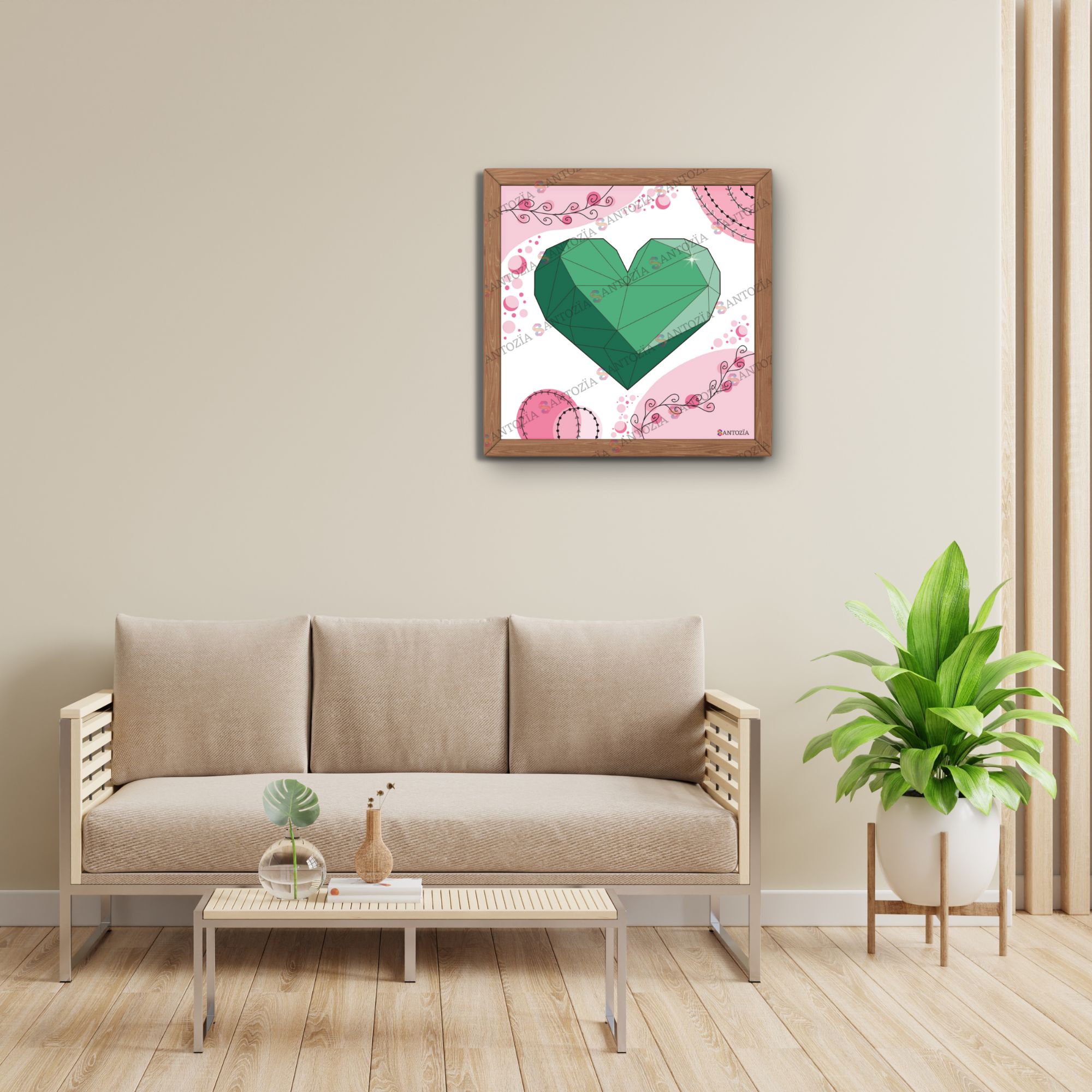 Photo d’un cadre d’un cœur vert origami dans un salon