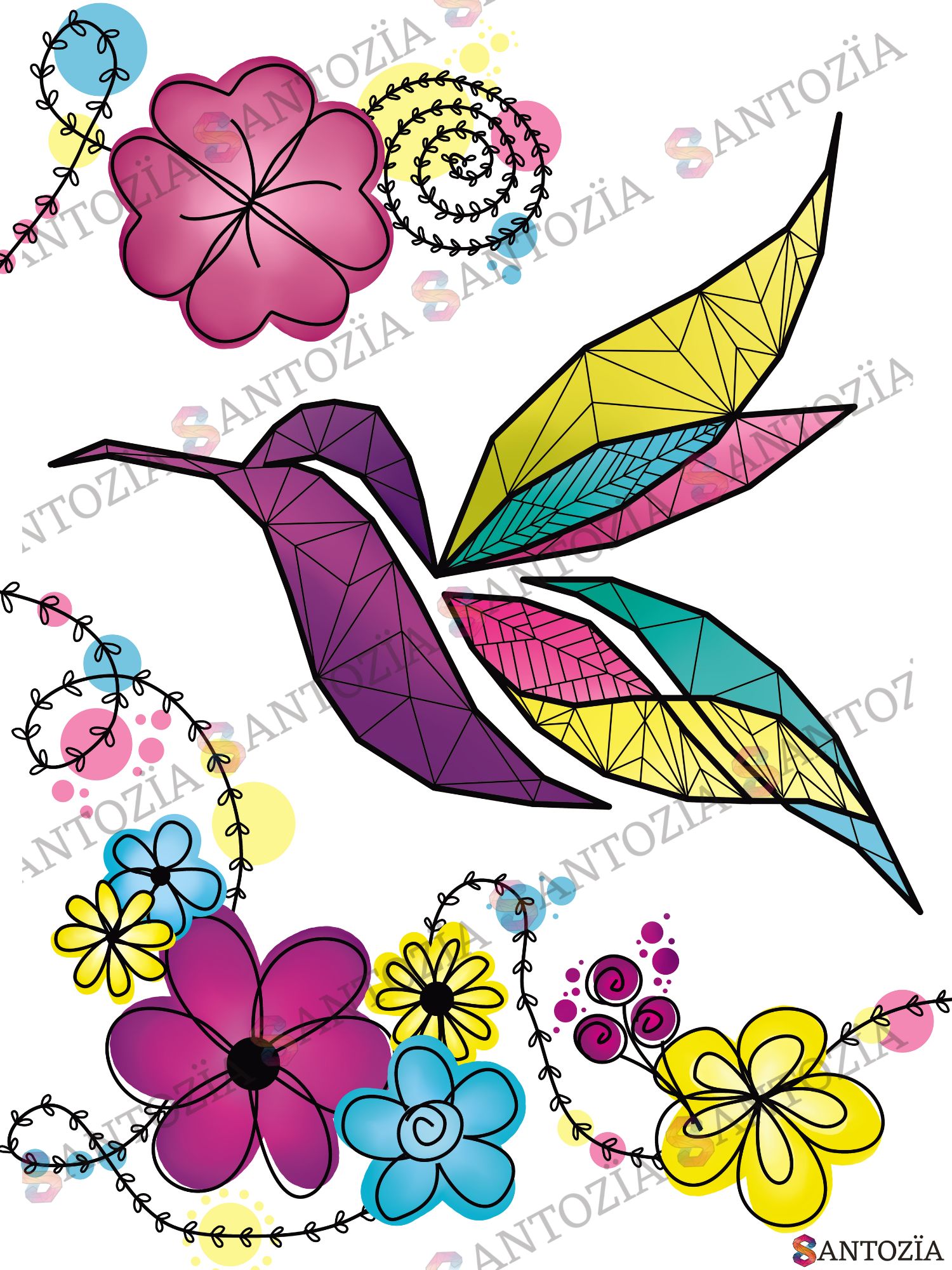 Affiche Origami d'un Colibri multi couleur