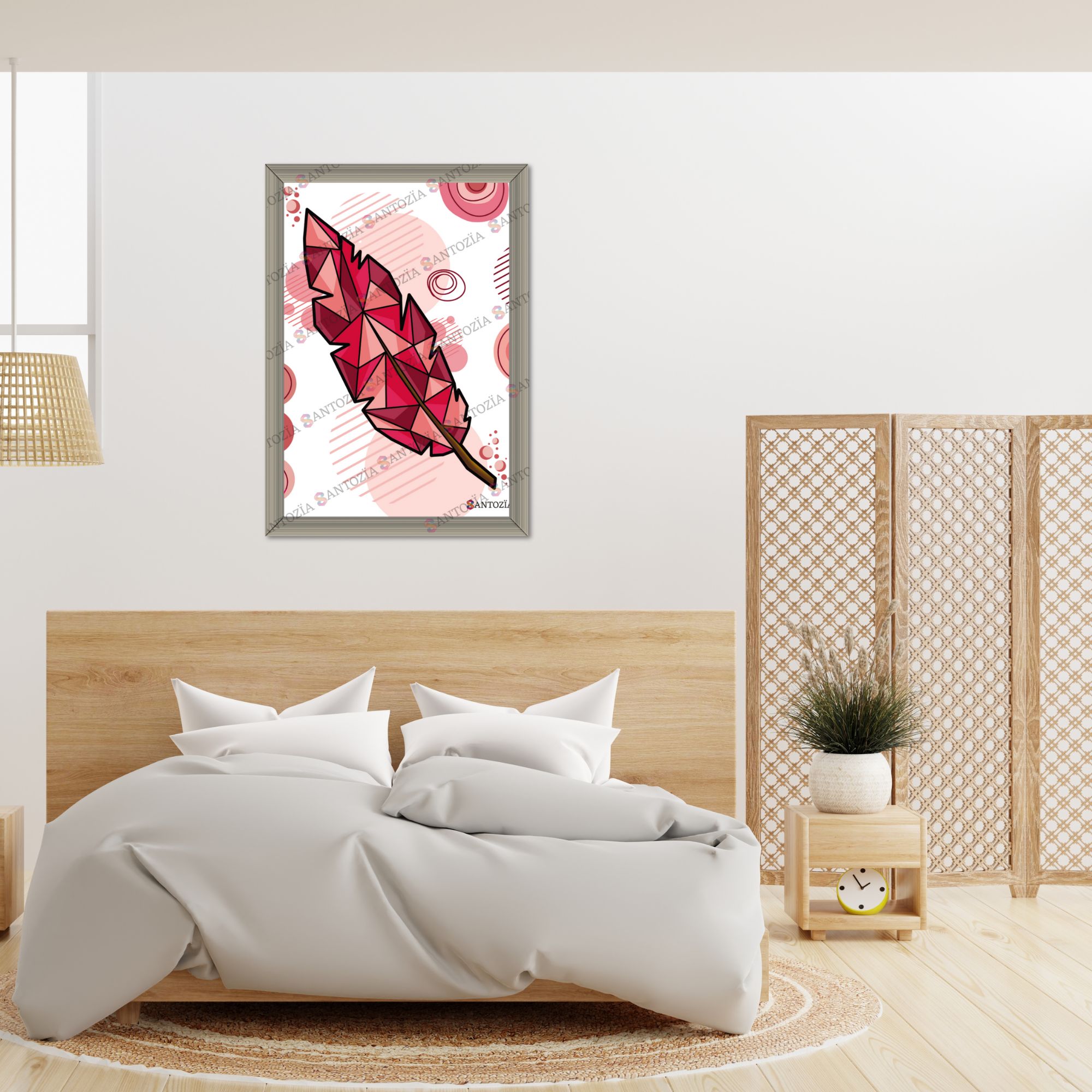 Photo d’un cadre d’une plume rouge origami dans une chambre