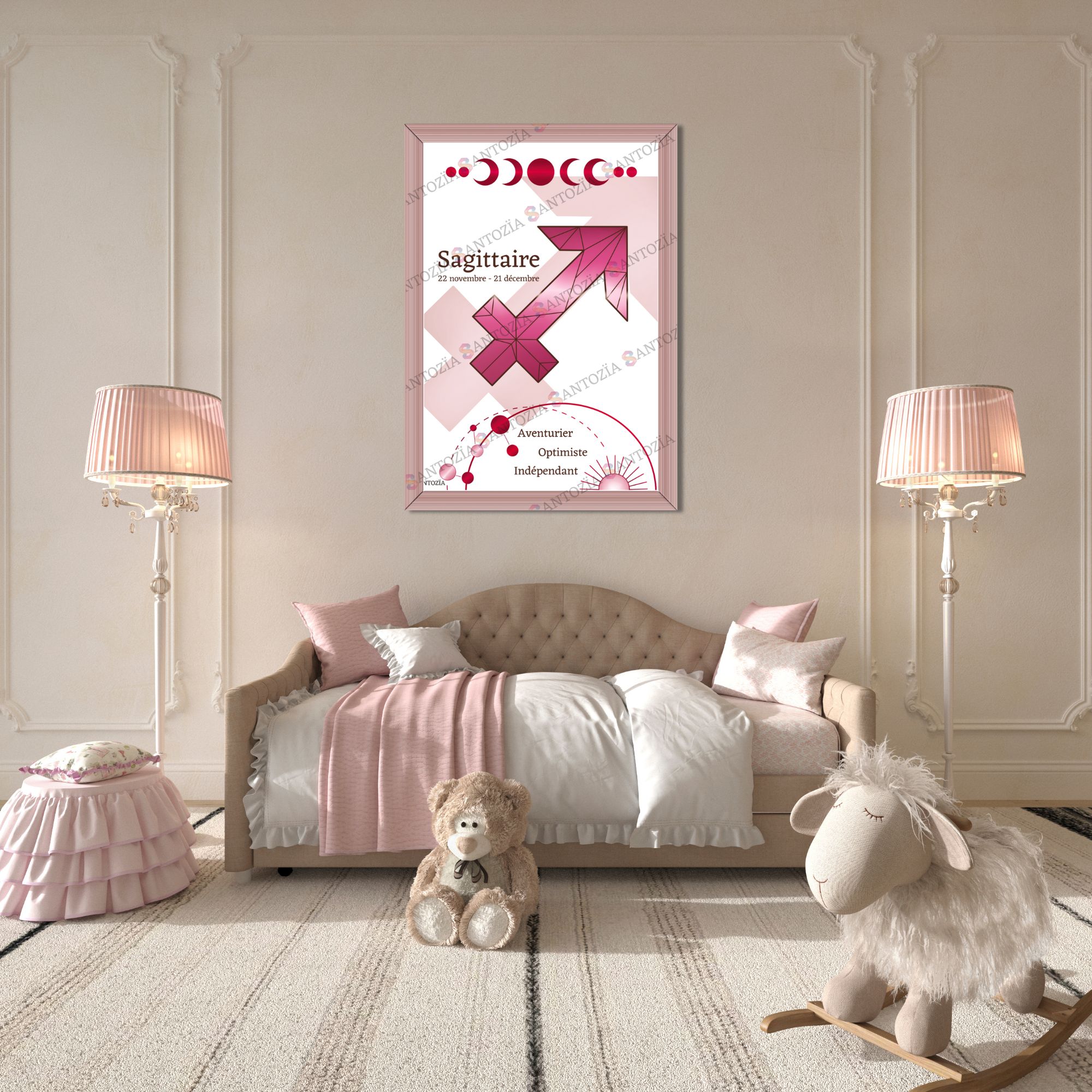 Photo d’un cadre du signe astrologique sagittaire rose origami dans une chambre