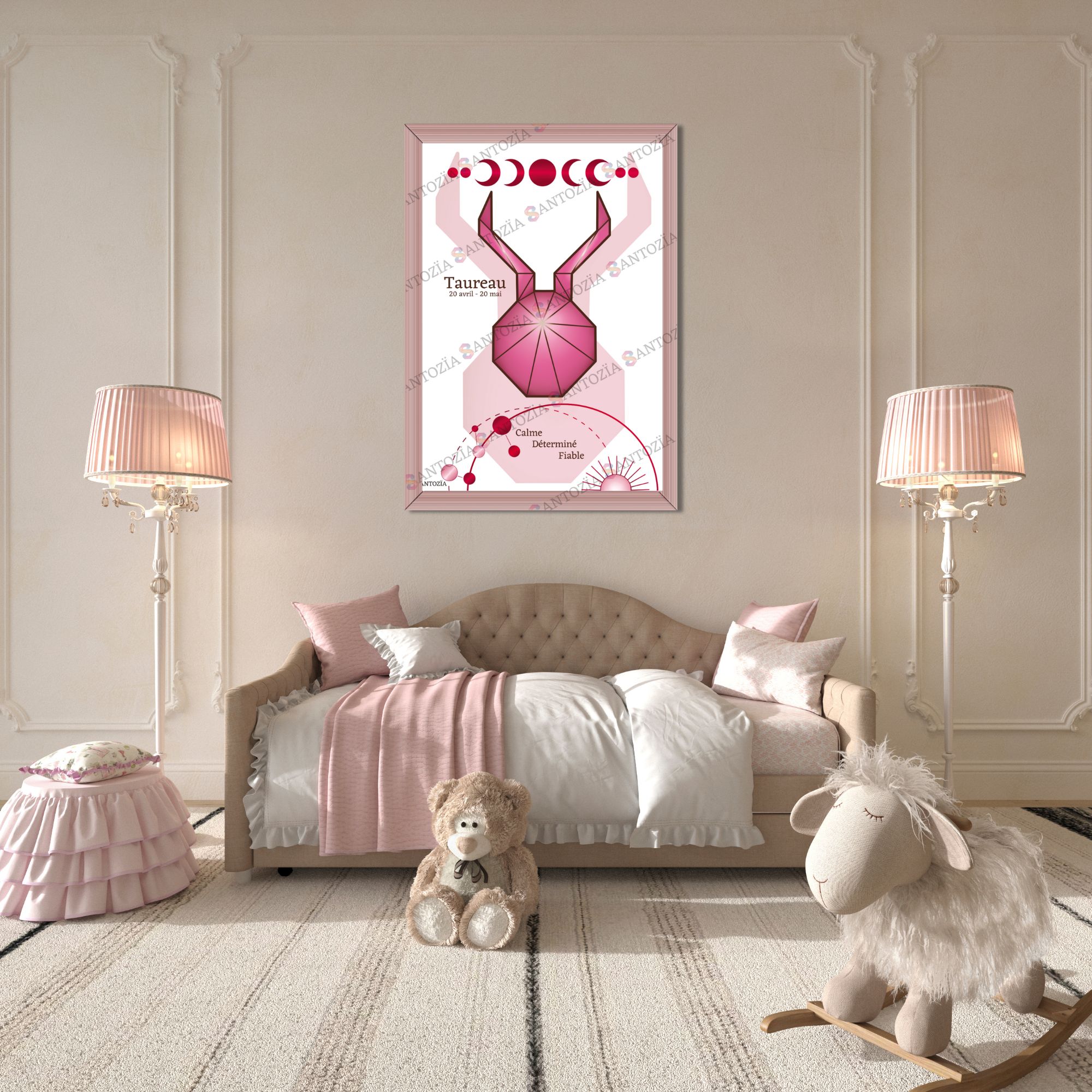 Photo d’un cadre du signe astrologique taureau rose origami dans une chambre